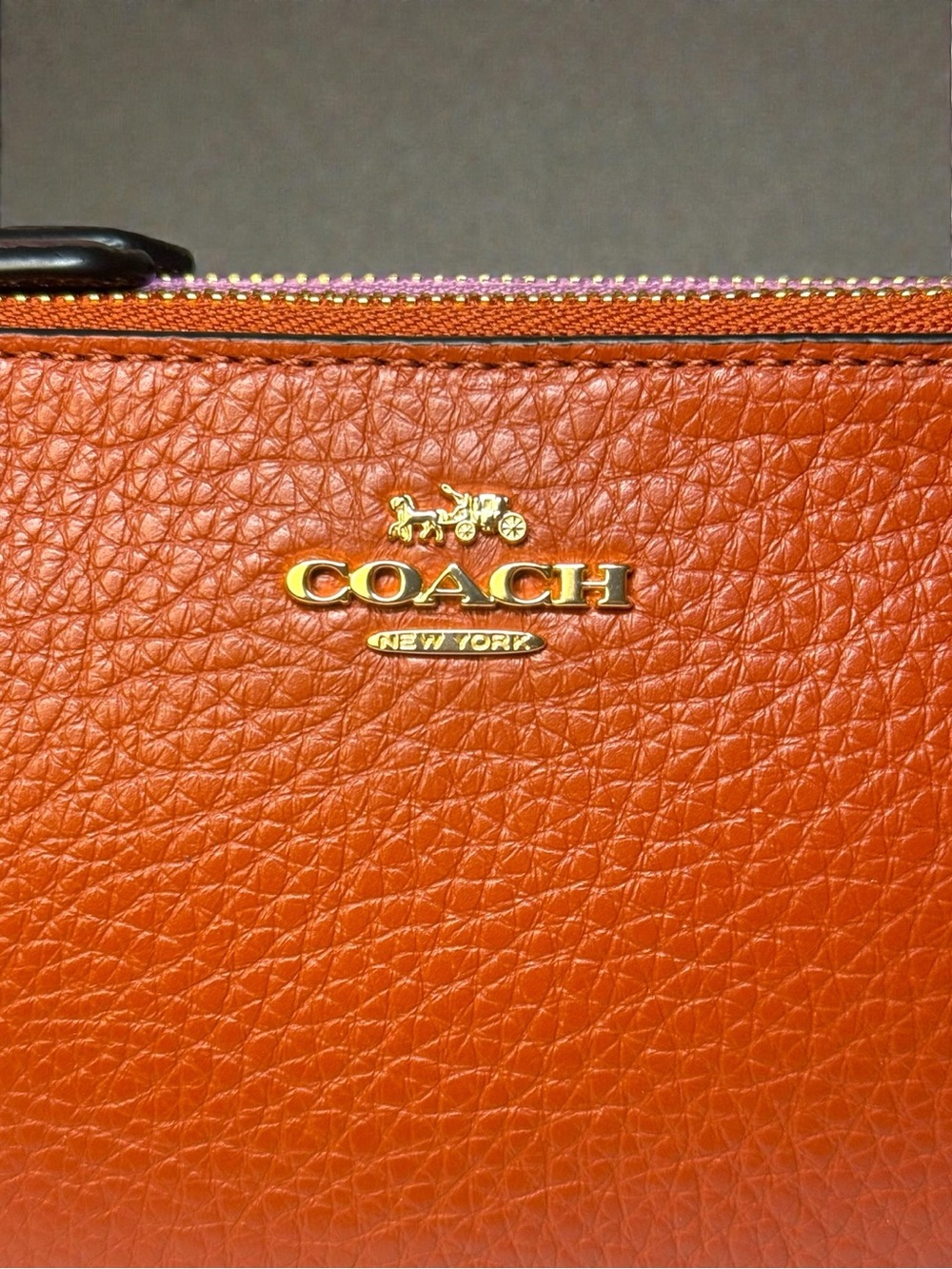 NWT Coach Pebbled Leather Double Zip Wristlet Colorblock Burnt Orange Pink $98 - Picture 4 of 15